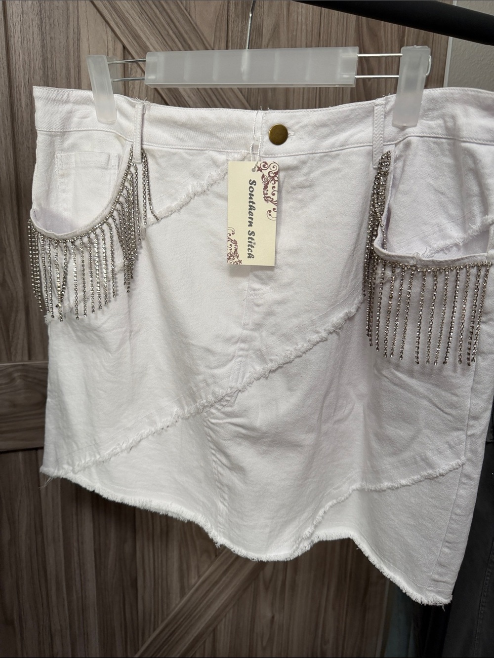 Southern Stitch White Rhinestone Fringe Denim Skirt XL NWT